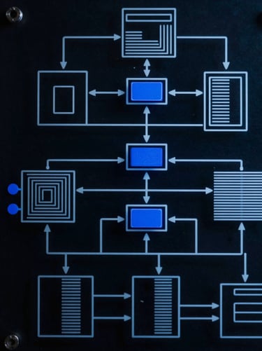 Macro shot of complex system architecture diagrams on a glass board, cool blue and deep charcoal tones, sharp electric-indigo accents, high contrast, 35mm