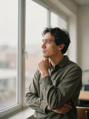 An environmental portrait of a thoughtful leader reflecting near a large window, soft natural lighting, warm tones.