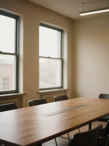 A light-filled modern meeting room with warm sand-colored walls and large windows, soft diffused daylight, quiet atmosphere.