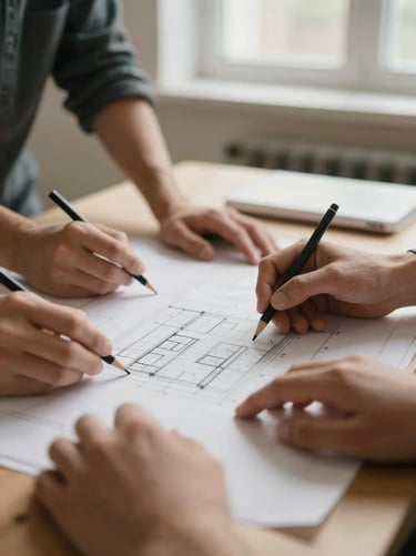 Close-up of diverse hands collaborating over architectural blueprints on a sunlit table, soft muted earthy tones, shallow depth of field.