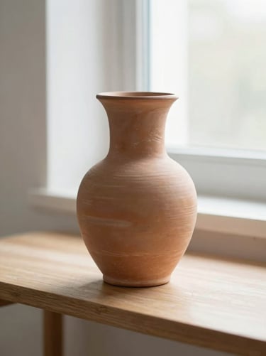 Close-up of a fluted terracotta vase on a wooden shelf, soft morning sunlight, shallow depth of field