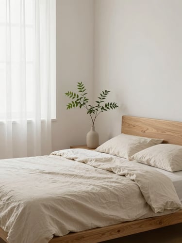 Minimalist bedroom corner with a low wooden bed, beige linen sheets, and a single green branch in a vase