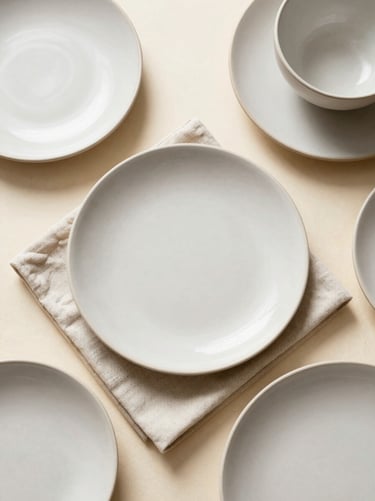 Overhead styled flat-lay of neutral ceramic tableware, natural linen napkin, warm cream background