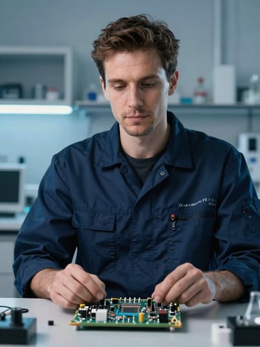 Professional portrait of a male hardware specialist in a clean, modern lab, cool crisp studio lighting with subtle blue backlighting, 50mm lens