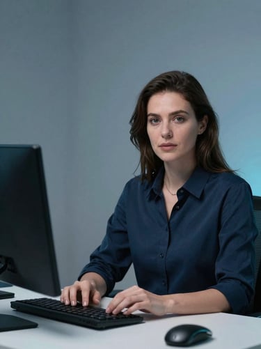 Professional portrait of a female software engineer in a clean, high-tech workspace, cool crisp studio lighting, deep slate tones, 50mm lens