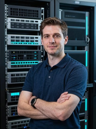 Professional portrait of a male systems engineer in front of clean organized server racks, cool crisp studio lighting, electric cyan accents, 50mm lens