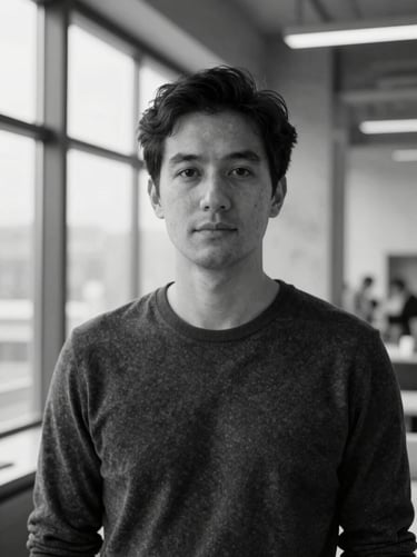Editorial black and white portrait of a male design architect, concrete and glass studio background, soft natural light, professional, 35mm