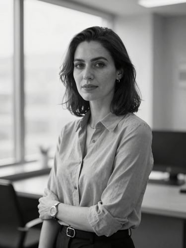 Editorial black and white portrait of a female creative director, elegant office setting, soft natural light, professional, 35mm