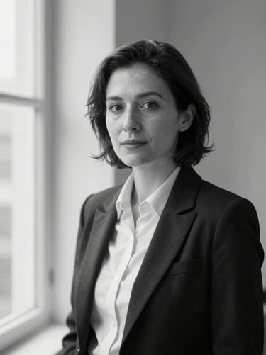Editorial black and white portrait of a female tech executive, minimalist studio background, soft natural light, professional, 35mm