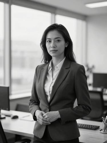 Editorial black and white portrait of a female sustainability consultant, bright modern workspace, soft natural light, professional, 35mm