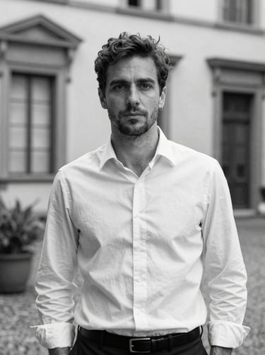 Editorial black and white portrait of a male luxury brand manager, historic Milanese courtyard, soft natural light, professional, 35mm