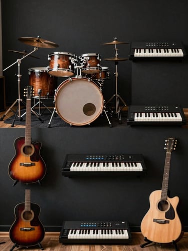 A collage style photograph showing different musical instruments—drums, keys, and guitar—arranged in a bright, funky International / English-speaking rehearsal space with deep charcoal black accents.