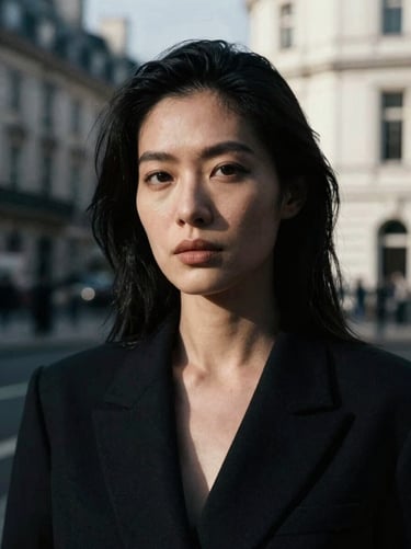 Sharp editorial portrait of a female strategist, close-up crop, high-contrast cinematic low-key lighting, dramatic shadows, moody London daylight, 35mm film grain