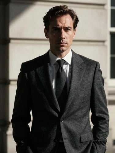 Sharp editorial portrait of a male strategist in a charcoal suit, high-contrast cinematic low-key lighting, dramatic shadows, moody London daylight, 35mm film grain