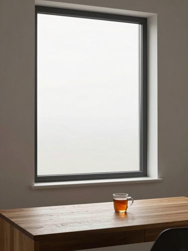 Wide environmental shot of a minimal home office — a single mug of tea on a bare wooden desk near a tall window, overcast diffused daylight, pale wall, no person visible, observational stillness