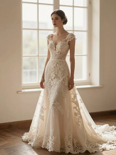 Full-length portrait of a bride in a stunning haute couture gown, delicate lace and beadwork visible, warm natural window light, elegant depth of field, ivory and champagne tones, 35mm