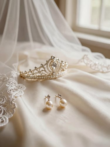 Close-up of delicate bridal accessories: a veil with lace trim, a sparkling tiara, and pearl earrings on a soft silk fabric, warm natural window light, elegant depth of field, ivory and champagne tones, 35mm