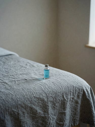 A quiet, minimalist corner of a serene beauty treatment room, soft gray linen, a single glass vial catching subtle blue-toned light.