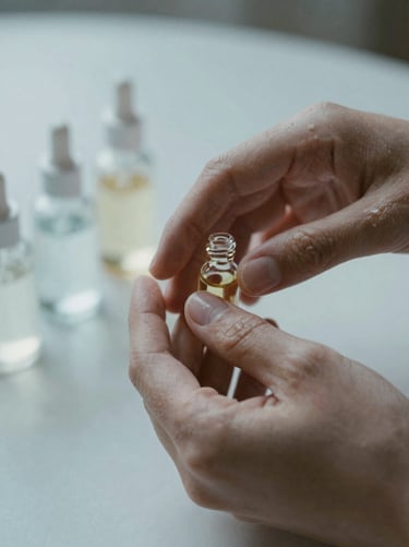 Close-up of hands performing a gentle facial massage with clear botanical oils, soft morning light reflecting off clean glass vials in the background.