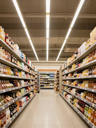 Symmetrical wide shot of a luxury supermarket aisle with warm brass linear downlights, clean architectural lines