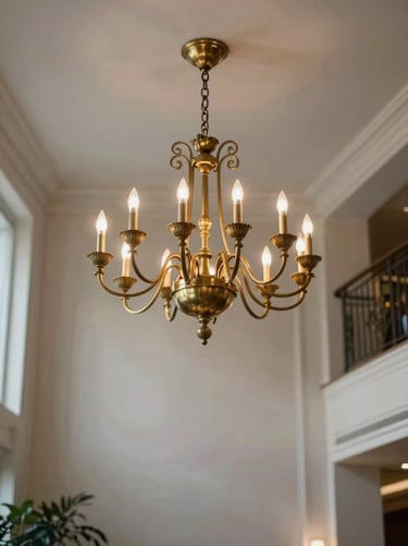 Elegant hotel lobby with a grand brass chandelier casting soft diffused light on plaster walls