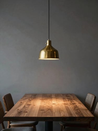 Minimalist restaurant dining room, single brass pendant over a wooden table, low contrast