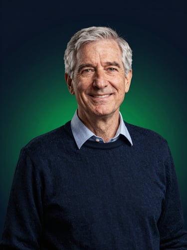 Professional studio portrait of a senior tech educator, confident expression, dark navy background, subtle green lighting, sharp focus, 35mm