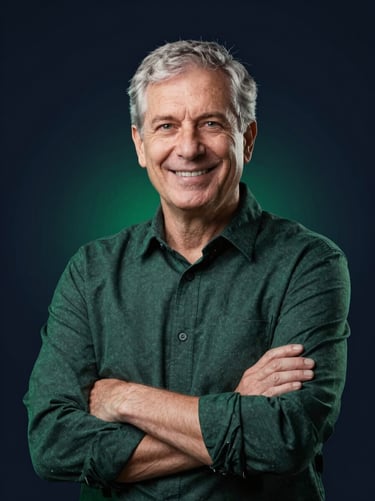 Professional studio portrait of a senior cloud infrastructure engineer, smiling confidently, dark navy background, subtle green lighting, sharp focus, 35mm