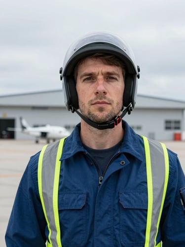 Close-up portrait of a professional male drone pilot in high-vis safety gear, bright overcast daylight, crisp technical detail, aviation hangar background.