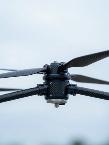 Close-up of professional carbon-fiber drone propeller and motor assembly, clean technical studio lighting, cool blue tones, high-contrast detail
