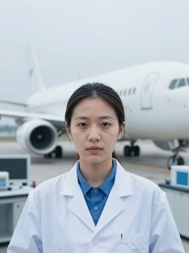 Close-up portrait of a professional female aerospace researcher in a bright technical laboratory, clean commercial aviation background, cool blue tones, crisp daylight.