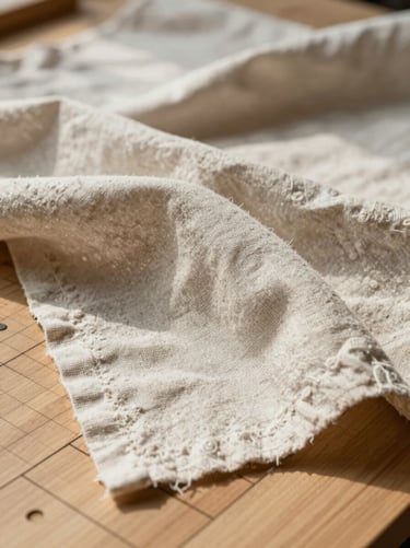 Macro detail shot of heavy linen fabric drape over a wooden pattern cutting table, soft north-facing daylight casting gentle shadows