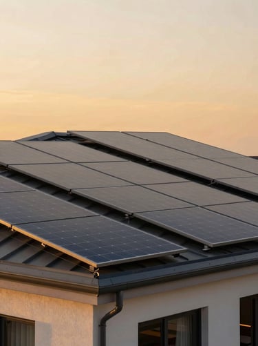 Architectural wide shot of a premium villa roofline at golden hour — solar panels flush with the roof geometry, warm amber sky behind, panels integrated into the building's form so they read as part of the structure, no installation equipment visible, no people