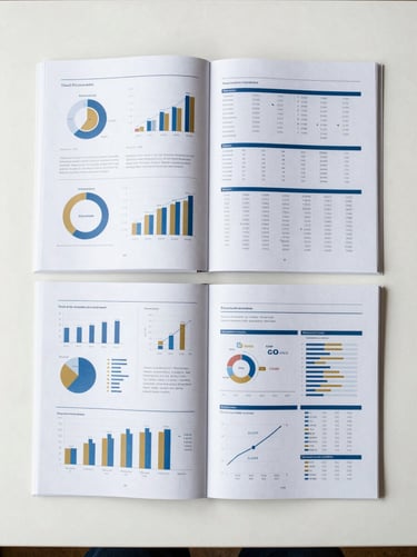 Flat-lay overhead of a finished research report spread open on a white desk, dense charts and infographic panels visible, high-key studio lighting, straight-on flatbed angle, no hands