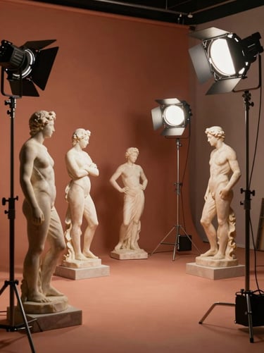 Wide shot of an artistic film set, showing a mix of classic marble sculptures and modern lighting equipment. The scene is bathed in a warm terracotta (#A3533F) glow, blending the professional commercial world with artistic sensibility.