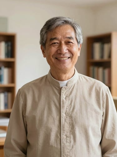 A warm portrait of a mature pastor with a friendly smile, standing in a brightly lit room with bookshelves in the background, soft natural light, warm editorial photography