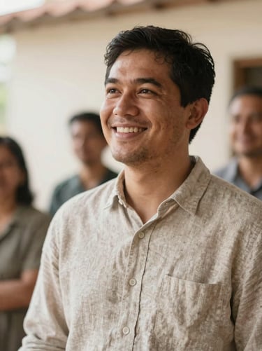 A warm portrait of a co-pastor smiling, wearing a simple linen shirt, soft natural daylight, shallow depth of field, authentic look