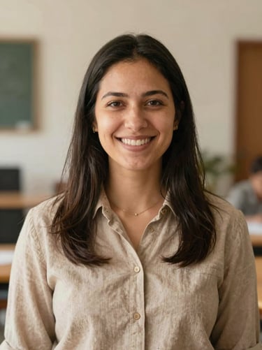 A warm portrait of a female ministry coordinator smiling, natural daylight, soft earth tones, warm editorial style
