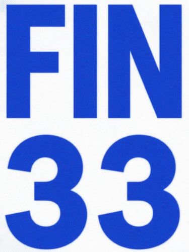 Graphic poster style image with the word 'FIN' in huge bold condensed typography, blue background with halftone dots, paper texture visible.