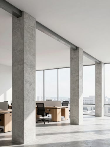 Architectural portrait of a minimalist corporate office, raw concrete pillars, steel framing, clean lines, bright daylight.