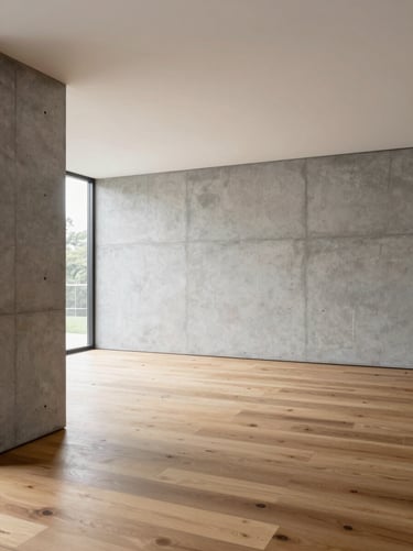 Architectural portrait of a modern minimalist living room, concrete walls, oak wood floor, soft natural light.