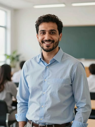 Professional portrait of a male Arabic language instructor, friendly expression, modern academic setting, soft daylight