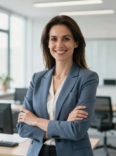 Professional portrait of a female language professor, smiling warmly, business casual, modern light-filled office background, Belgrade
