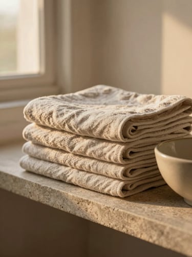 Soft linen towels folded neatly on a stone shelf next to a ceramic bowl, warm golden-hour glow, shallow depth of field