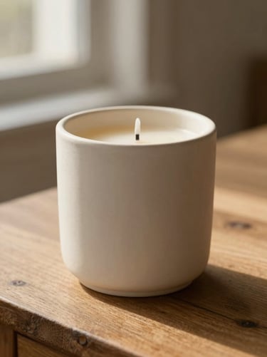Sunlit close-up of non-toxic luxury ceramic candle on a wooden table, linen texture, warm tone, shallow depth of field