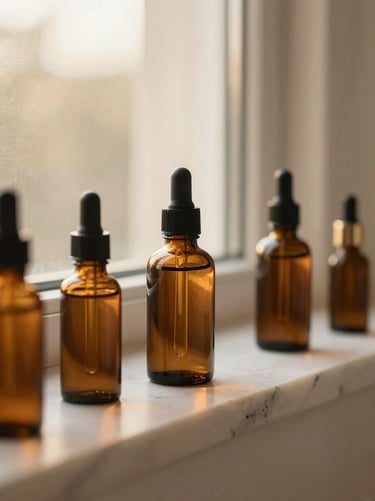 Minimalist amber glass bottles of clean beauty serums on a raw marble ledge, warm diffused window light, shallow depth of field