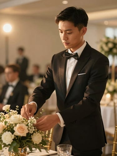Portrait of an elegant venue manager adjusting a floral arrangement, soft golden hour light, warm and professional, shallow depth of field, 35mm