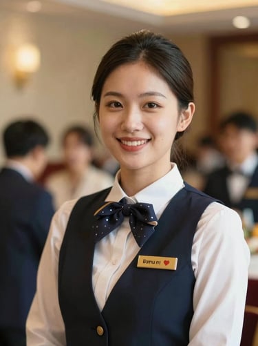 Portrait of a warm, smiling hospitality coordinator in elegant attire, soft natural lighting, professional and authentic, shallow depth of field, 35mm