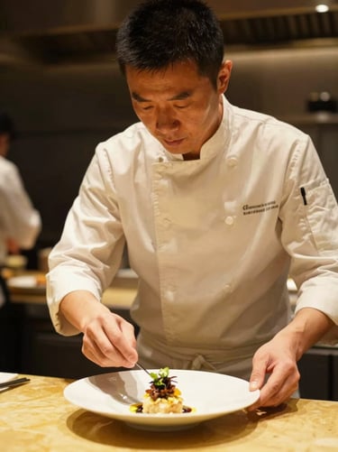 Portrait of a dedicated head chef or culinary artisan arranging a delicate dish, warm kitchen ambient lighting, professional and authentic, shallow depth of field, 35mm