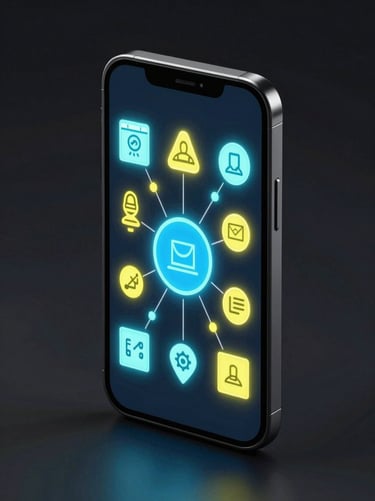 Isometric vertical view of a glowing digital smartphone screen displaying interactive learning nodes in neon blue and yellow highlights, dark background